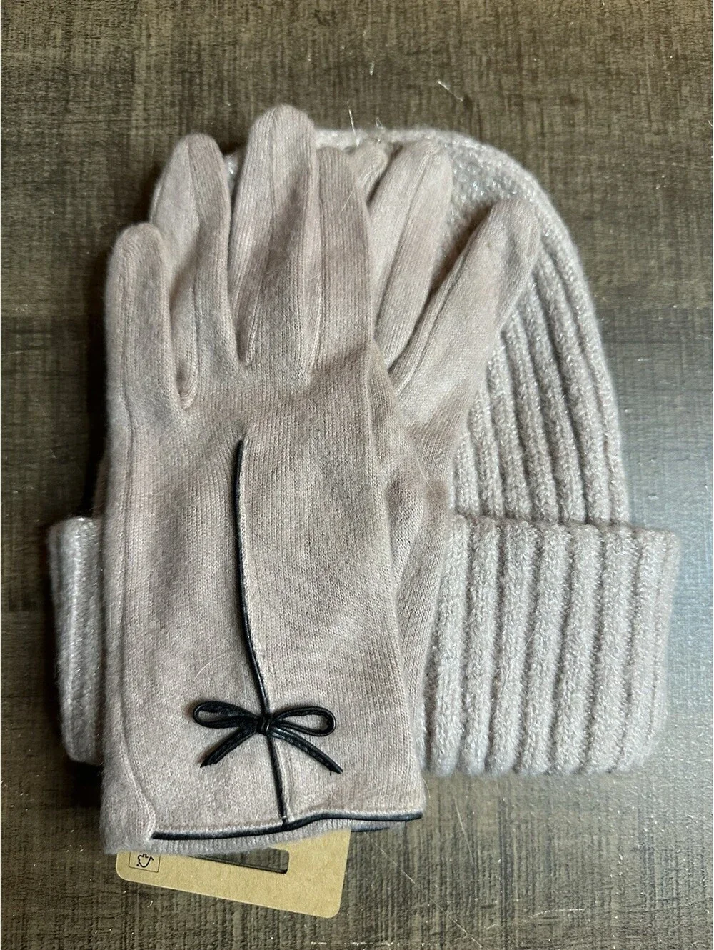 lam Blush Pink Knit Beanie Hat & Gloves Set Metallic Winter NWT One Size